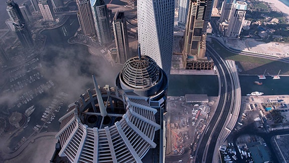 Aerial view of Burj Khalifa and surrounding buildings