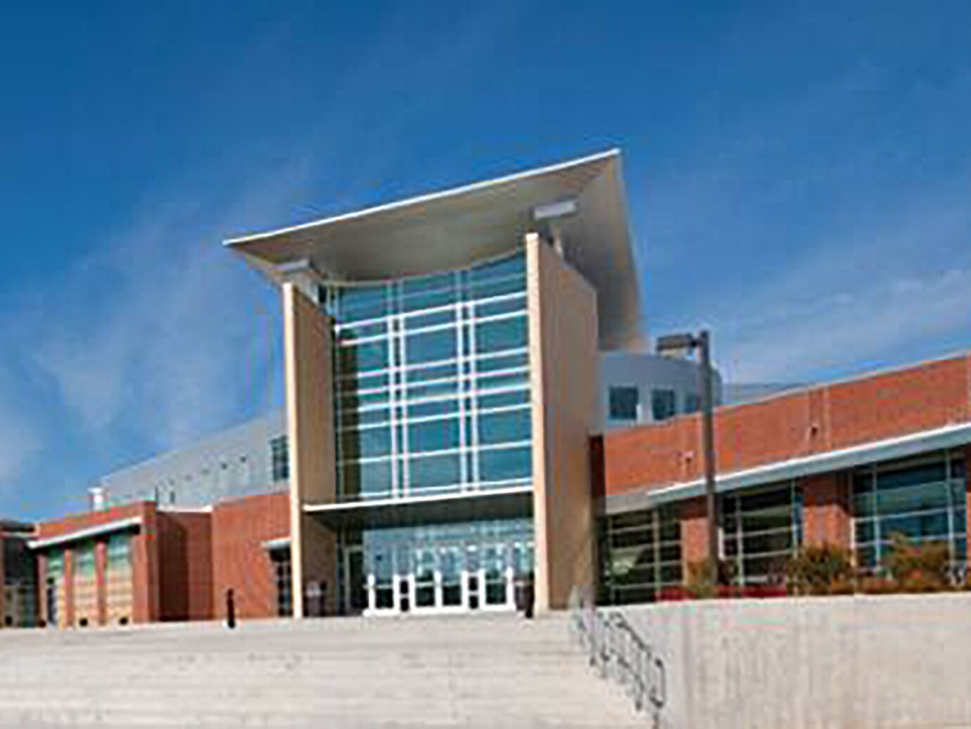 Bottom up front view of a school building