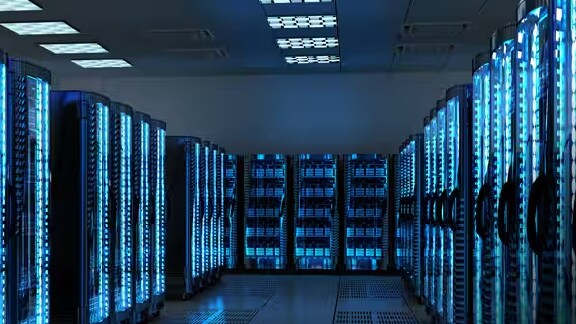 Interior of a data center, with servers lined up in rows