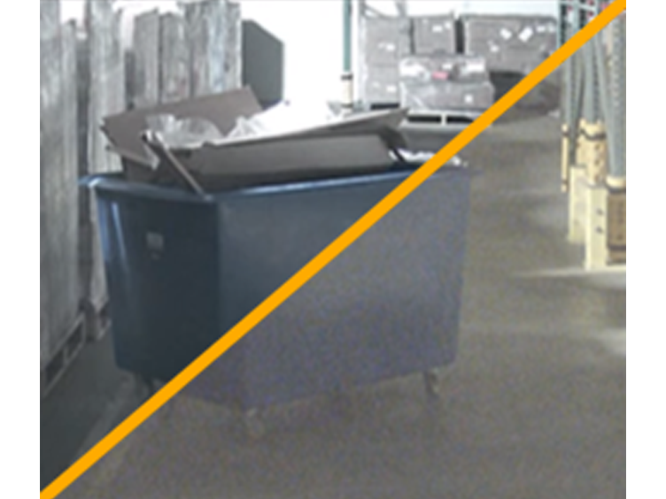 Blue dumpster image with a diagonal line differentiating the quality of capture