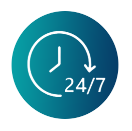 Clock icon showing 24/7 continuous monitoring and support service